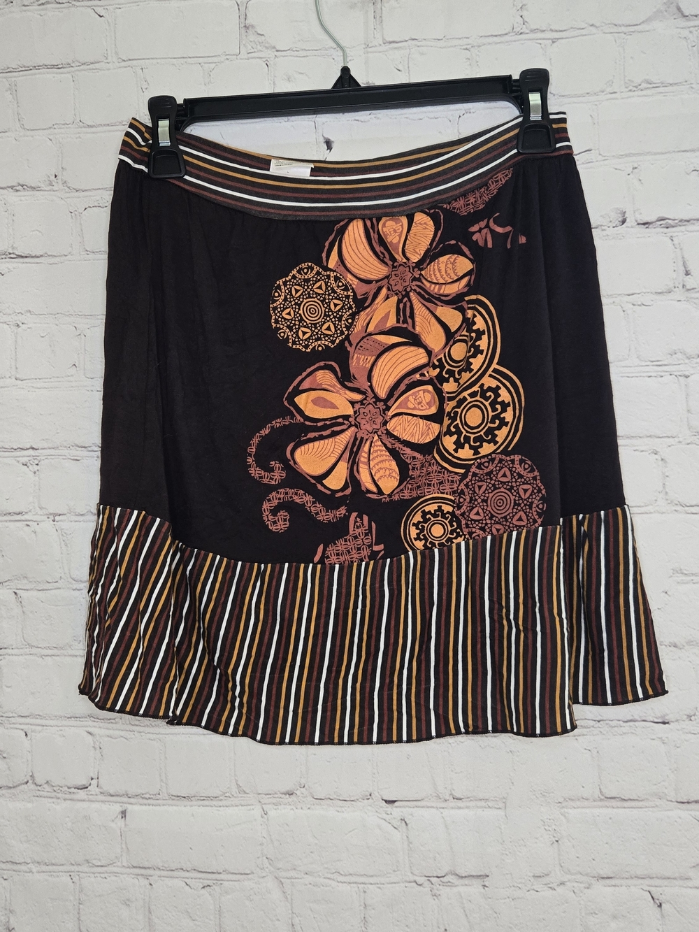 Y2k‎ 90s Island Tribal Boho Induw Floral Print Brown & Orange Mini Skirt Sm